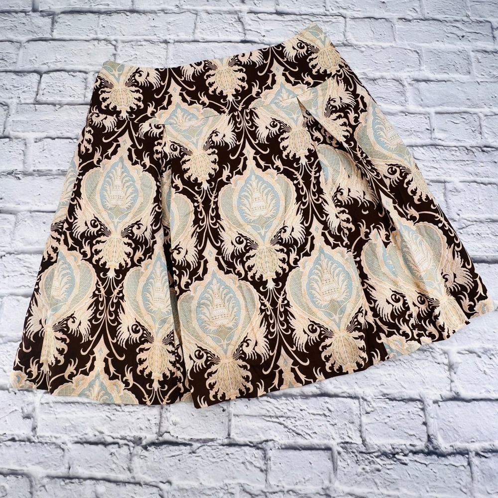 J. McLaughlin Womens Brown Damask Corduroy Pleated Skirt Size 14 Blue Medallion